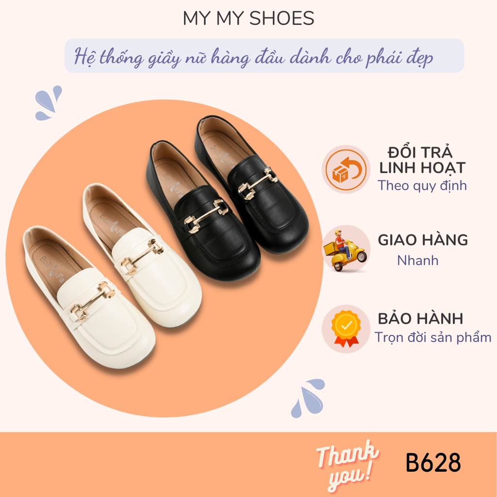 Giầy bệt Moca da lì mũi vuông gắn xích vàng B628