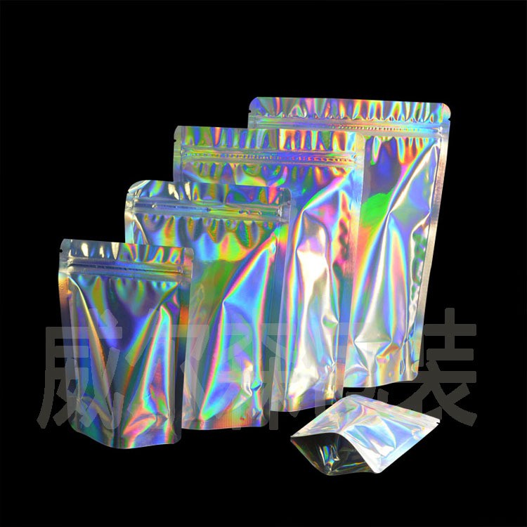 100Pcs Holographic Kim Loại Túi Poly Cầu Vồng Giấy Bạc Lấp Lánh Dây Kéo Tự Niêm Phong Chân Đế Đóng Gói Túi Kín Khí Holographic Metallic Poly Bag Rainbow Foil Glitter Bag Zipper Self Sealing Stand Packaging Pouch Airtight Bag