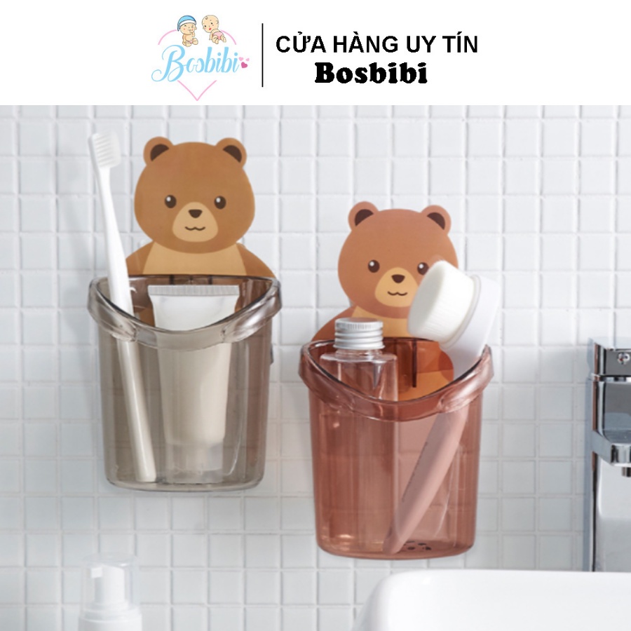 Ly cốc nhựa hình gấu dán tường nhà tắm dễ thương để bàn chải siêu dính có lỗ thoát nước bằng nhựa cao cấp