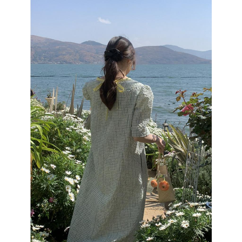 Đầm Sọc Ca Rô Dáng Rộng Ngắn Tay Phối Màu Tương Phản Thời Trang Mới 62594