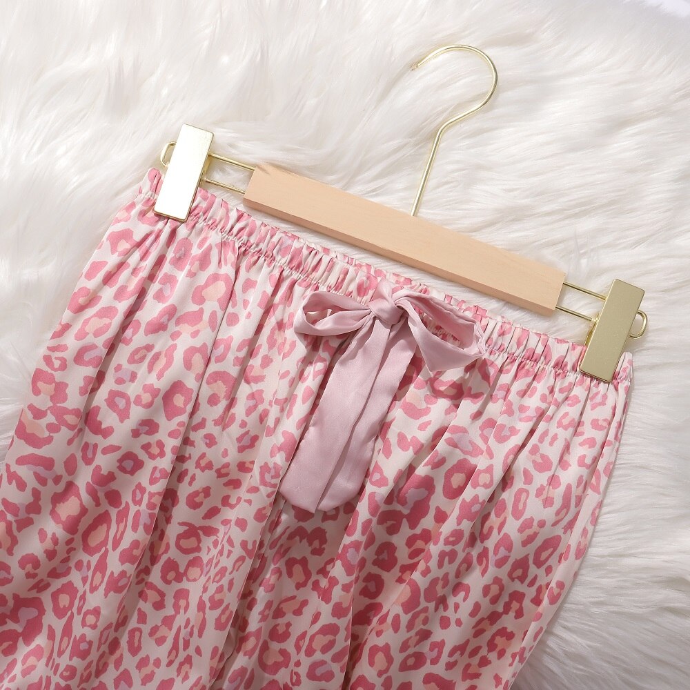 Set đồ ngủ dài tay cổ bẻ + quần dài họa tiết da báo thời trang thoải mái cho nữ