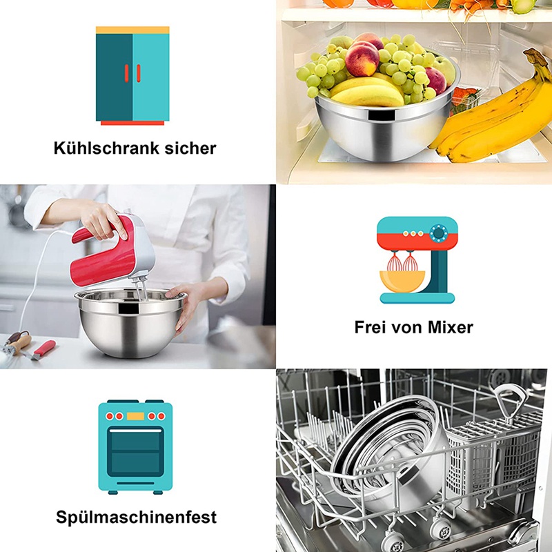 Bộ 5 Tô Trộn Salad Bằng Thép Không Gỉ Có Nắp Đậy Kín Khí Và Đế Chống Trượt Dùng Trong Nhà Bếp
