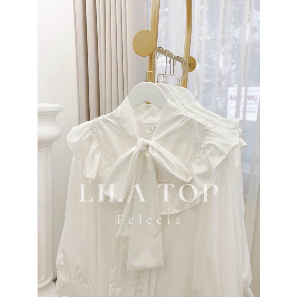 Áo sơ mi cổ nơ bèo tay pha ren