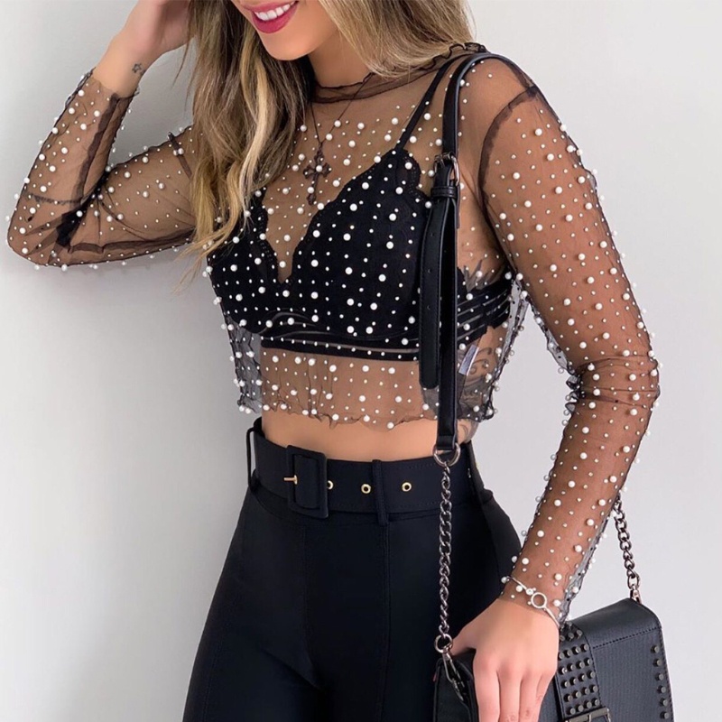 Áo Croptop Lưới Tay Dài Đính Đá Ngọc Trai Giả Che Phủ Toàn Diện Dành Cho Nữ