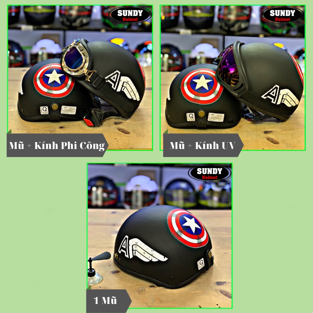 Nón bảo hiểm xe máy 1/2 đầu SUNDY Helmets, an toàn, Freesize (55-59cm), họa tiết Captain American