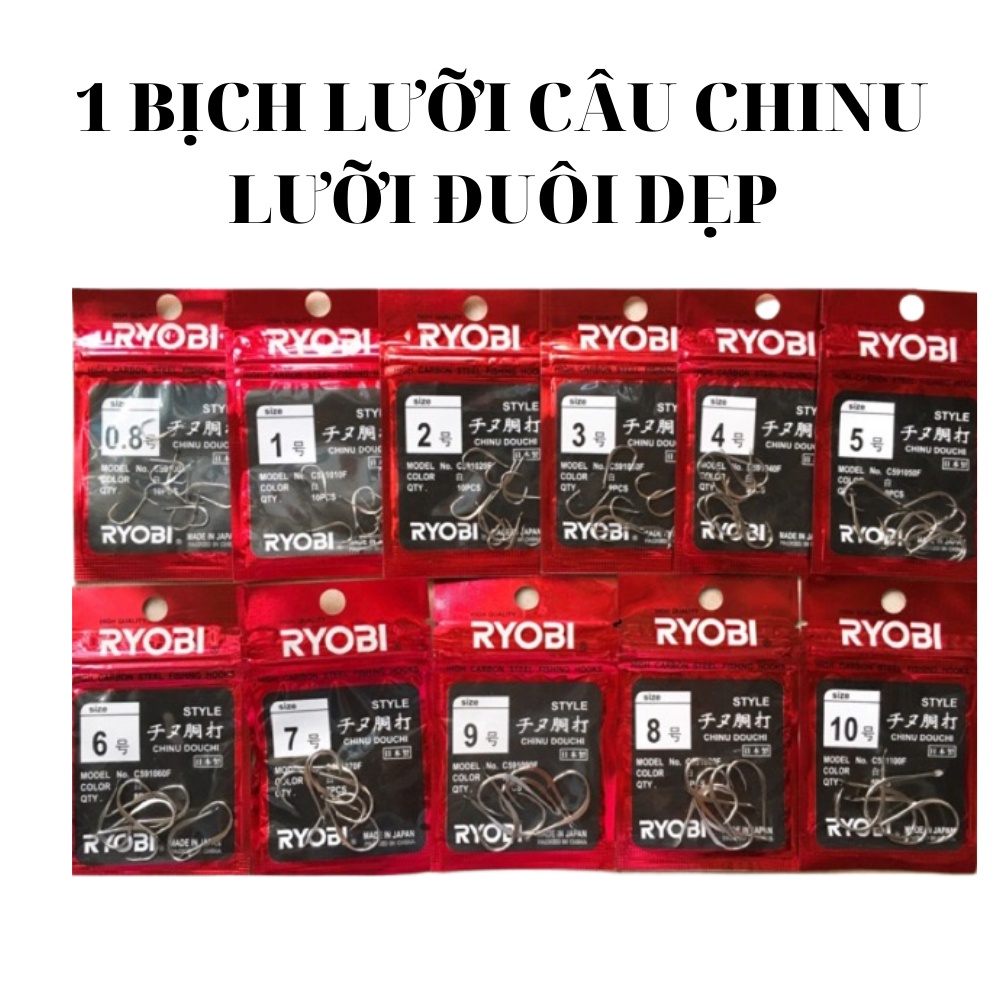 1 BỊCH lưỡi câu cá đuôi dẹp chinu Ryobi đủ size, bộ lưỡi đơn câu cá nhỏ bống đục cá sông mương (rô phi, trê, chép, sặc)