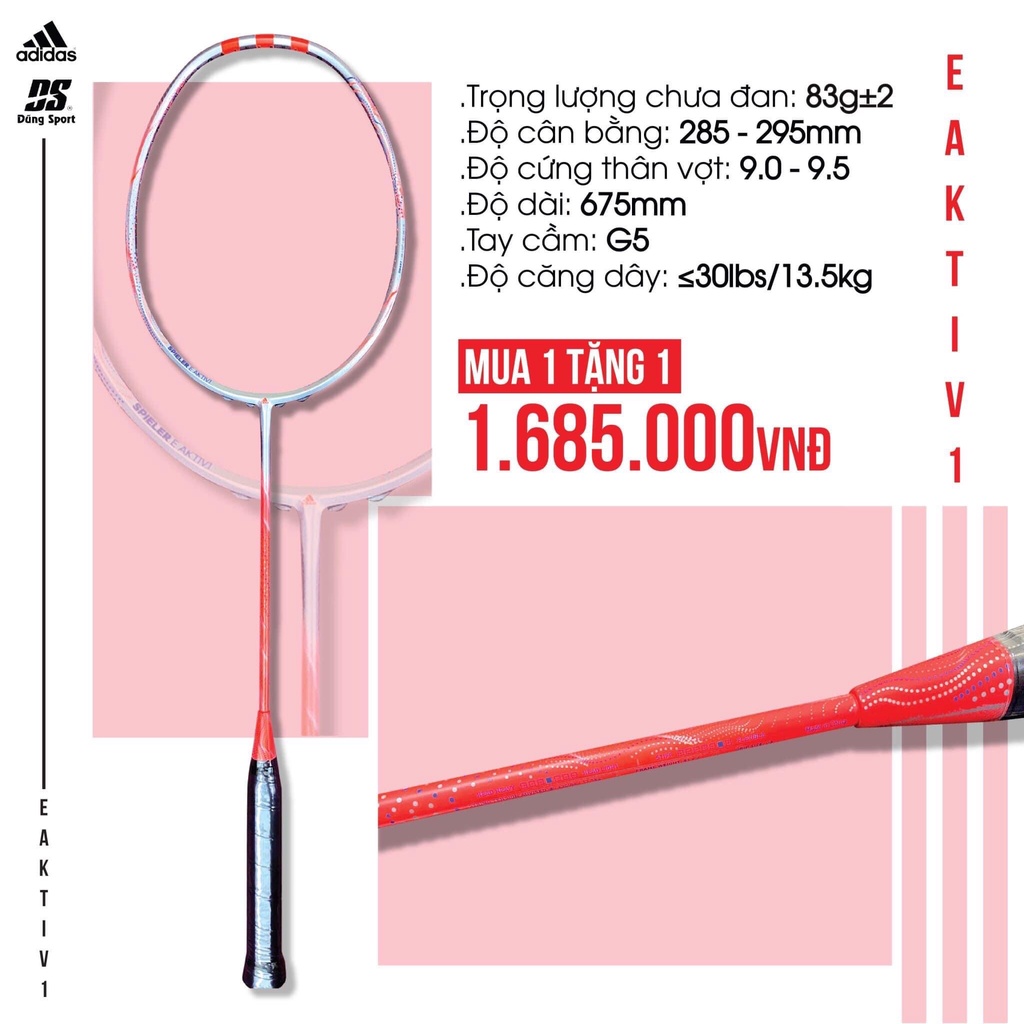 Vợt cầu lông Adidas Eaktive 1 chưa đan lưới, mua 1 tặng 1, dành cho người mới tập chơi, dễ đánh, giá tốt