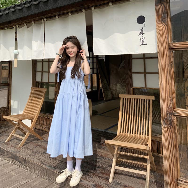 Váy babydoll dáng dài 2 dây bản to xanh đen trắng thắt nơ form rộng Đầm bầu hai dây maxi 2 tầng buộc dây THOITRANG suông