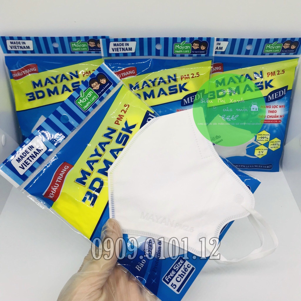 Khẩu trang 3d Mayan chính hãng (bịch 5 cái), 3d mask cao cấp 4 lớp kháng khuẩn chuẩn N95 PM 2.5