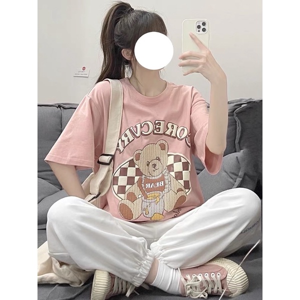 Set bộ áo thun mix quần bo chun - Gấu hồng
