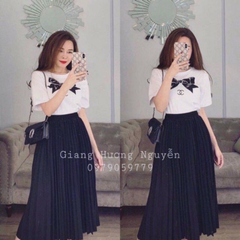 Chân váy xếp li dài qua gối công sở tôn dáng chất vải dày dặn midi, xếp li tennis shirts babydoll chất đẹp mầu trắng, đe