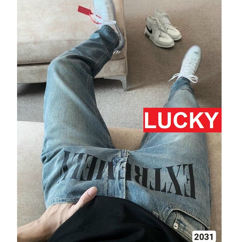 QUẦN JEAN NAM CHẤT BÒ XANH TRƠN PHỐI CHỮ ĐẲNG CẤP CO GIÃN KJ2031 LUCKY SHOP