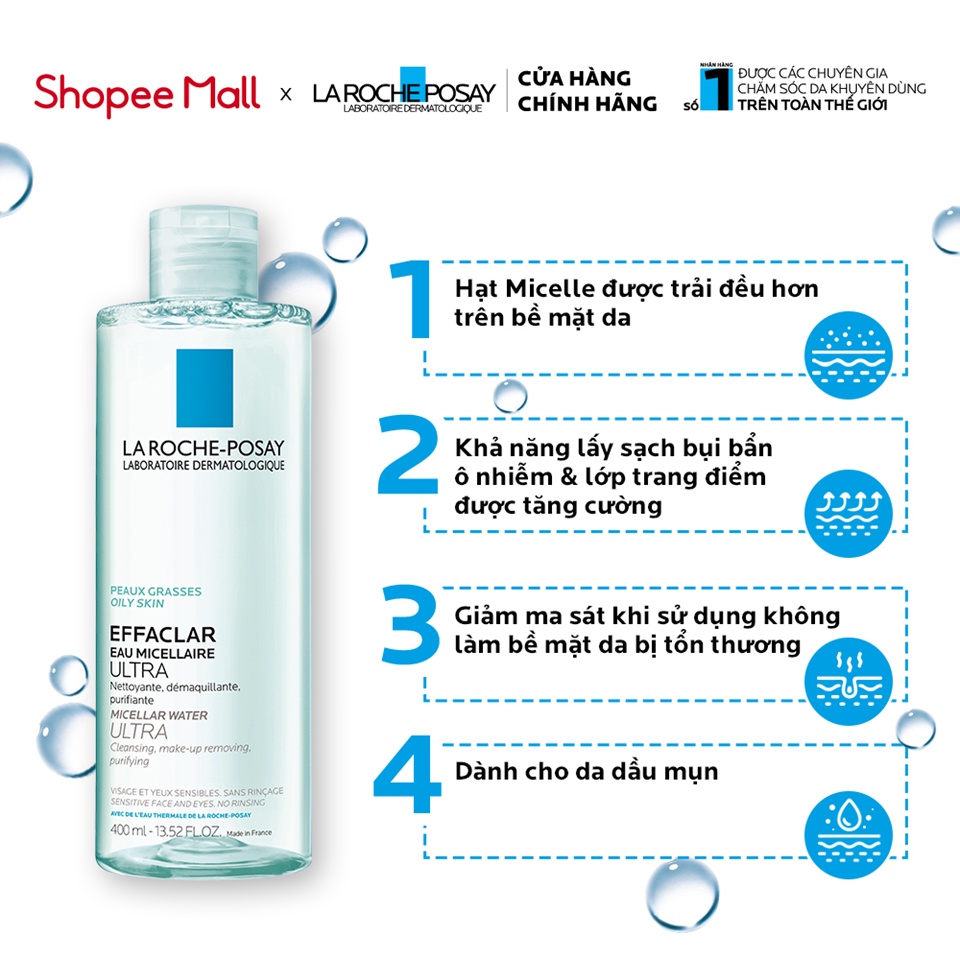 Nước làm sạch sâu và tẩy trang dành cho da dầu Effaclar Micellar Water 400ml