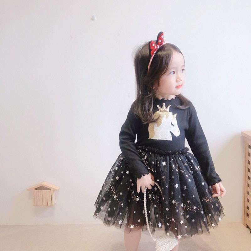 Đầm công chúa bé gái tay dài chân váy phối lưới