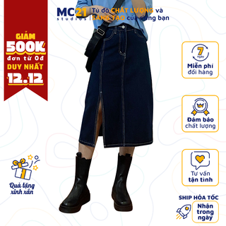 Chân váy jeans dài xẻ vạt MINIONCLOTHING lưng cạp cao Ulzzang Streetwear Hàn Quốc chất bò xịn dày dặn V6638