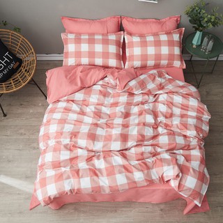 Bộ chăn ga gối cotton poly kẻ caro cam hồng