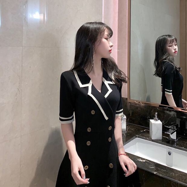 Bigsize Đầm cổ vest phối cúc viền màu len montoghi tay ngắn