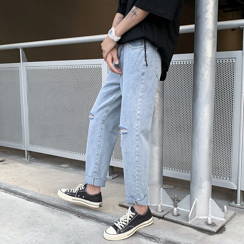 Quần jeans ống rộng nam nữ rách gối , dáng suông , không phai màu phong cách Hàn Quốc