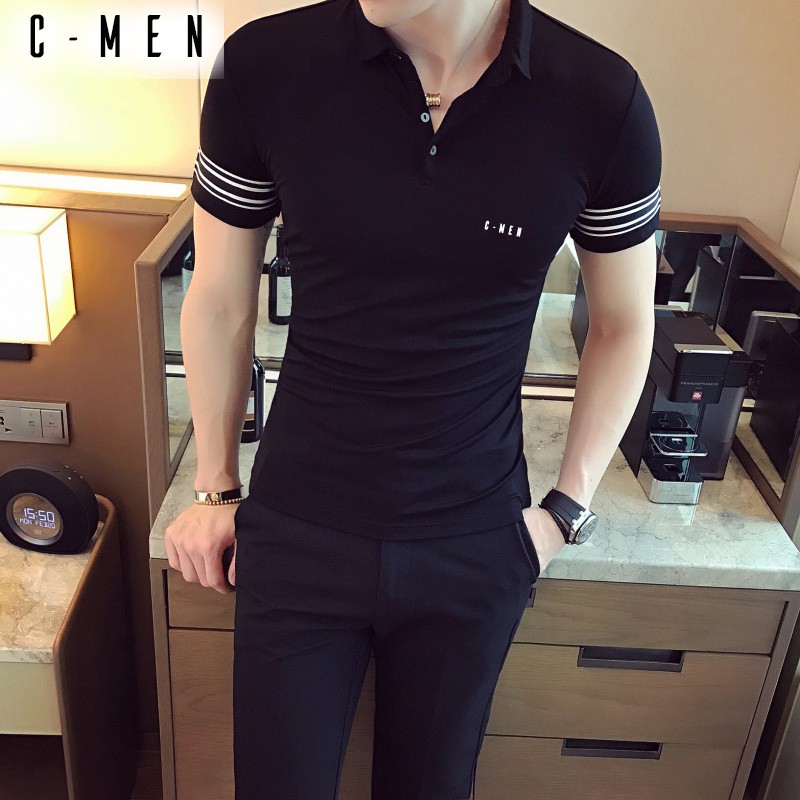 Áo thun, Áo Polo nam, áo phông polo cổ bẻ ngắn tay phối kẻ tay áo C Men Cotton cao cấp