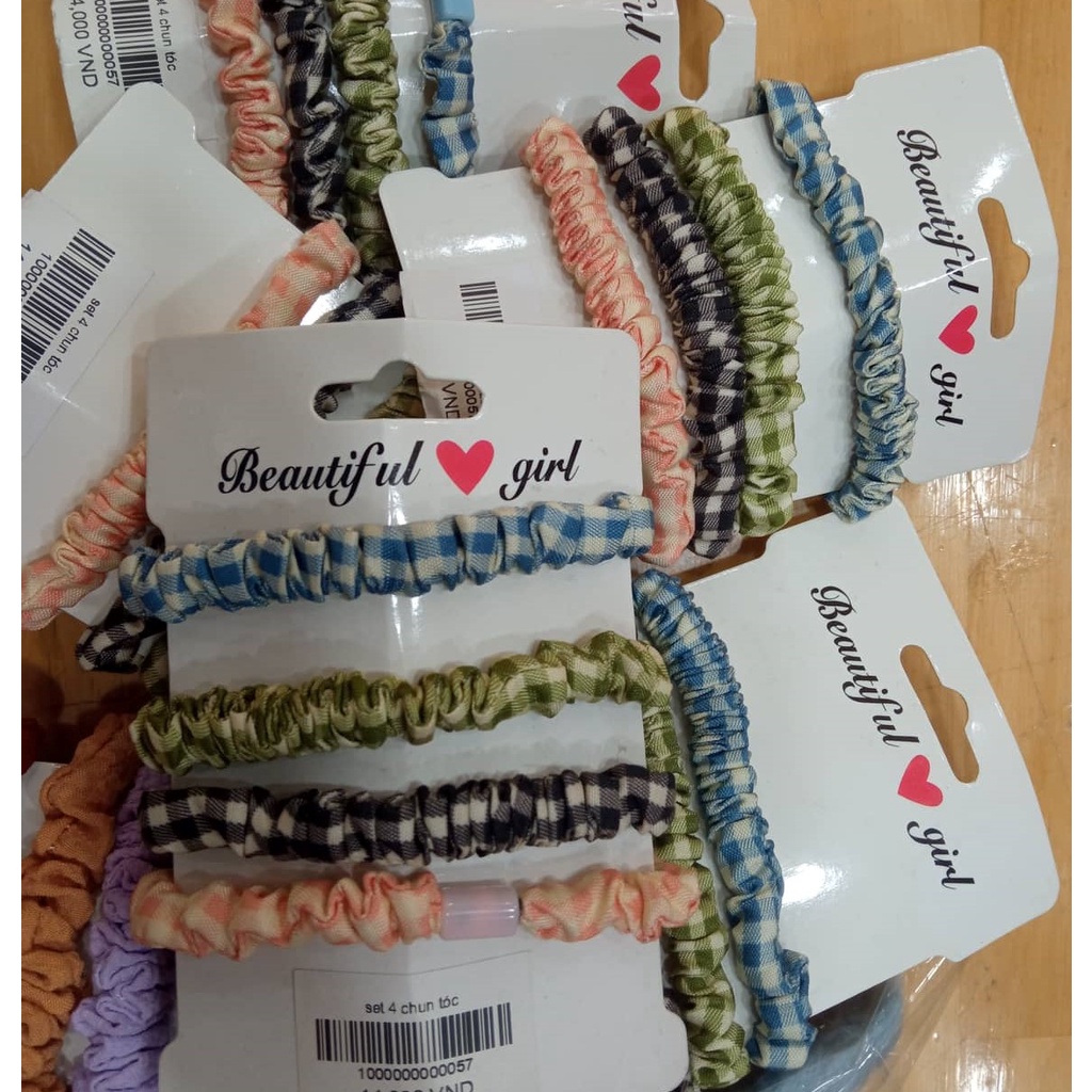 Set bốn dây buộc tóc vải, Scrunchies màu pastel xinh xắn