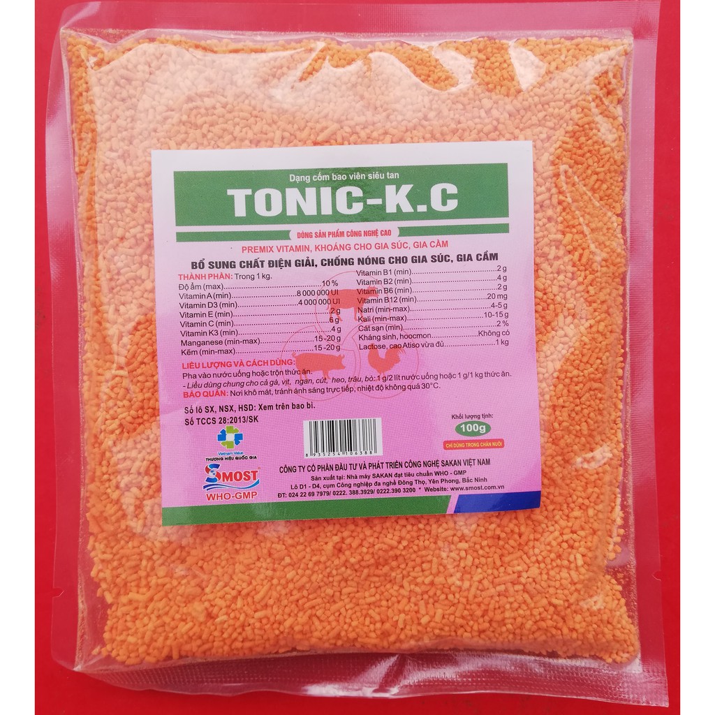 1 gói TONIC - K.C 100g Premix Vitamin, Khoáng Bổ sung chất điện giải, Chống nóng cho gia súc, gia cầm, chó mèo