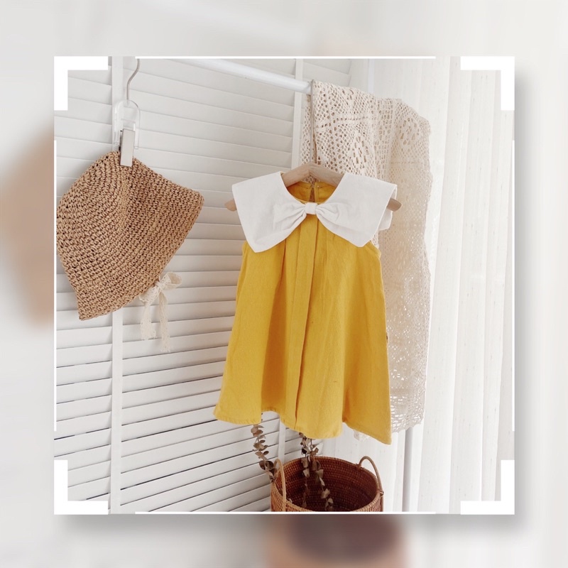 Váy hè sát nách nền màu trơn, cổ trắng thắt nơ cho bé gái 8-21kg- Chất thô cara mát