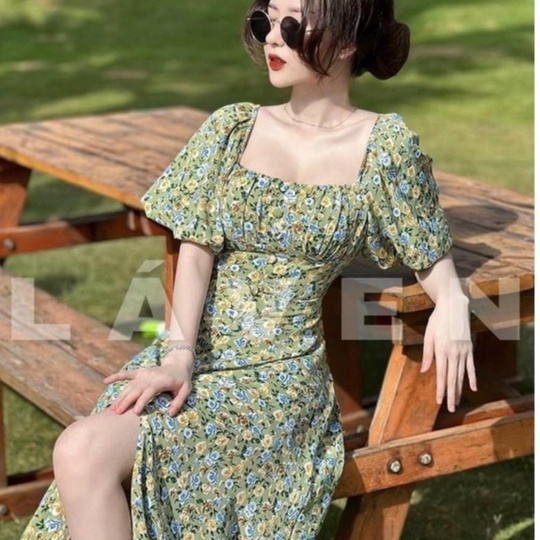 Váy Nữ Dự Tiệc,đầm Lụa Xòe Hoa Cúc Nhí Thiết Kế Cổ Vuông Tay Phồng Ôm Dáng Body Điệu Đà Sang Chảnh Thời Trang [xm Minh P