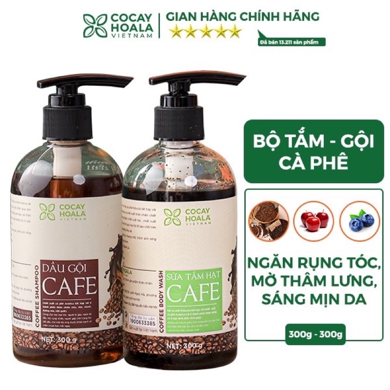 Combo dầu gội thảo dược sữa tắm Cafe sạch gàu khử mùi cơ thể Cocayhoala 300g