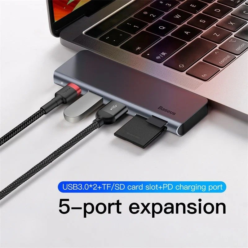 Hub Type C Chuyển Đổi 5 Trong 1 BASEUS Harmonica Usb 3.0, Tf/Sd Card Reader, Type C Pd Adapter Cho Macbook/ Ipad/ Laptop