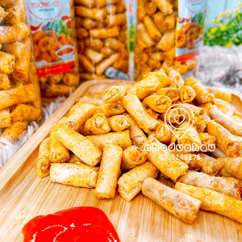 Chả giò sấy mini chấm tương ớt giòn rụm hàng cty VN chất lượng cao lon 300gam