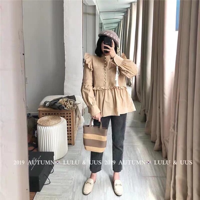 Áo sơmi kiểu babydoll xếp ly phối bèo
