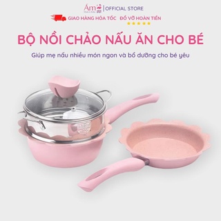 Bộ Nồi Chảo Đá Cao Cấp Dùng Được Với Bếp Từ Chế Biến Ăn Dặm Cho Bé Bảo Hành 6 Tháng Ấm Baby