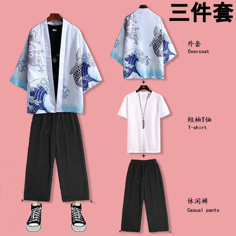 ஐ﹍❡Phong cách Trung Quốc Suit Hanfu nam giới mùa xuân và hè áo len chống nắng choàng ngắn tay quần chín điểm, m