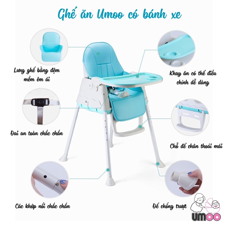 Ghế ăn dặm umoo có bánh xe tiện lợi