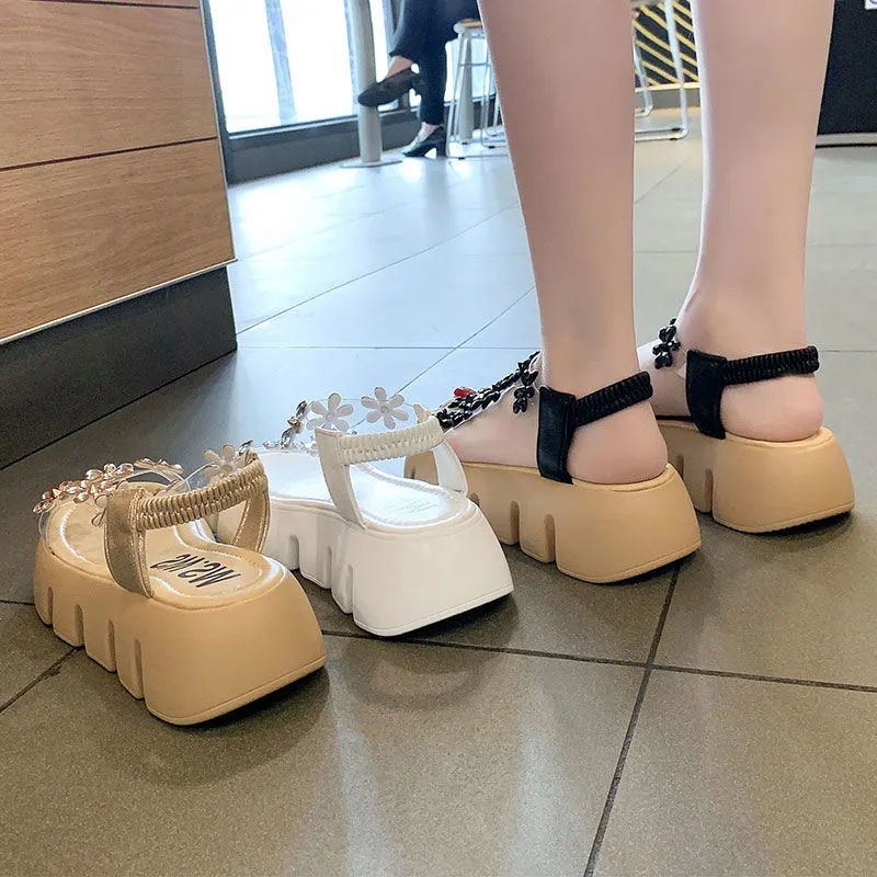 Giày Sandal Đế Dày Tăng Chiều Cao Trong Suốt Đính Hoa Thời Trang Đi Biển Mùa Hè