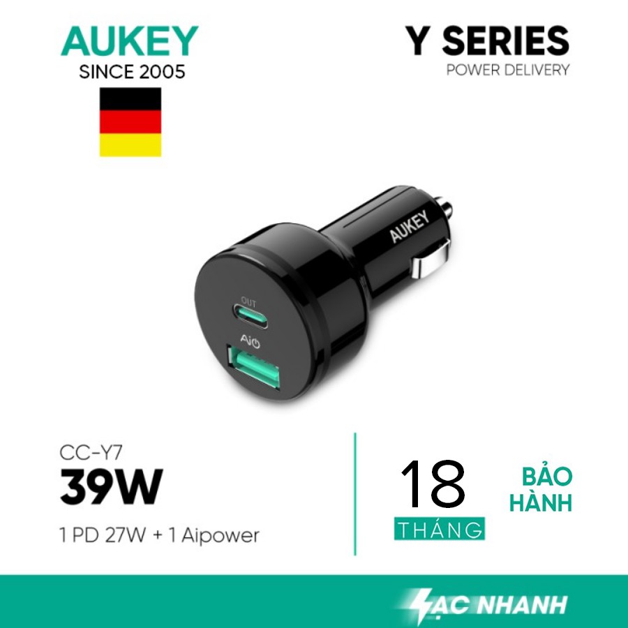 Sạc Ô Tô Aukey CC-Y7 1 Cổng USB Aipower 1 Cổng Type-C Power Delivery