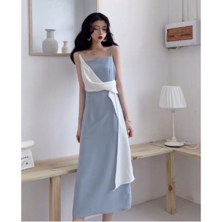 Đầm hai dây suông phối vạt trắng / Váy 2 dây dự tiệc sang trọng
