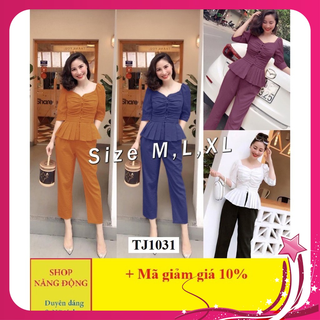 Đồ Bộ Nữ 🎁FREESHIP🎁 Set nguyên bộ áo peplum tà xếp ly phối nút bọc xinh xắn TJ1031