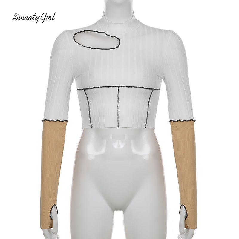 Áo Croptop Tay Dài Cổ Tròn Màu Sắc Tương Phản Thời Trang Dành Cho Nữ