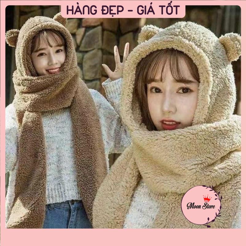 Mũ lông cừu tai gấu kèm khăn quàng cổ bao tay 3 trong 1 ấm áp