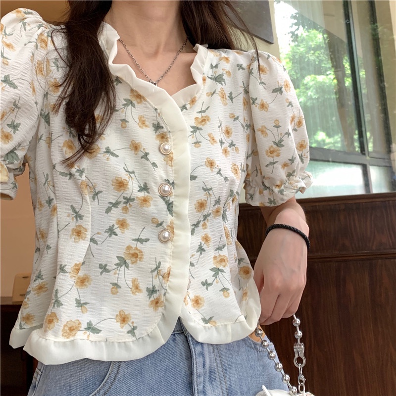 Áo Kiểu Tay Phồng Ngắn Cổ Vuông In Họa Tiết Hoa Thời Trang Hàn Quốc Cho Nữ