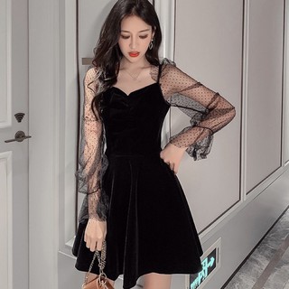 [Sẵn/ hình thật cuối] Váy nhung xoè tay pha ren công chúa. Đầm nhung đen ôm dáng đi tiệc noel
