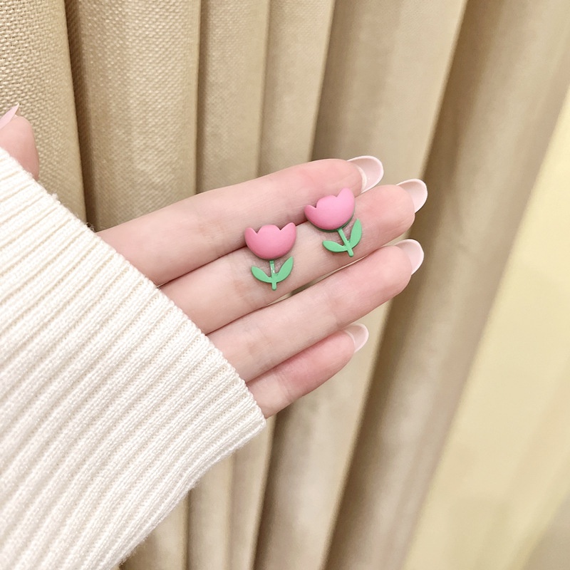 Khuyên Tai Hình Hoa Tulip Hồng Nhám Dễ Thương Chất Lượng Cao Dễ Phối Đồ