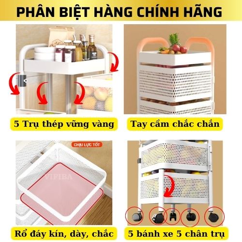 Kệ nhà bếp cao cấp 3 4 5 tầng đa nănG, kệ xoay thép Carbon thông minh có bánh xe TRẮNG, ĐEN Hi Home