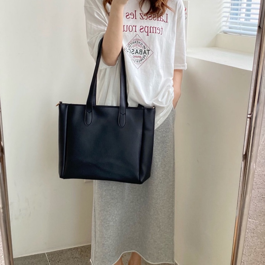 Túi tote da trơn đeo vai basic hàn quốc ulzzang có khóa zip kéo