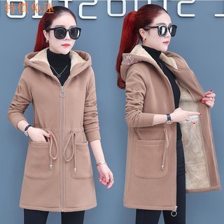 Áo khoác hoodie lông cừu phối nhung dày dáng rộng dài thời trang 2020