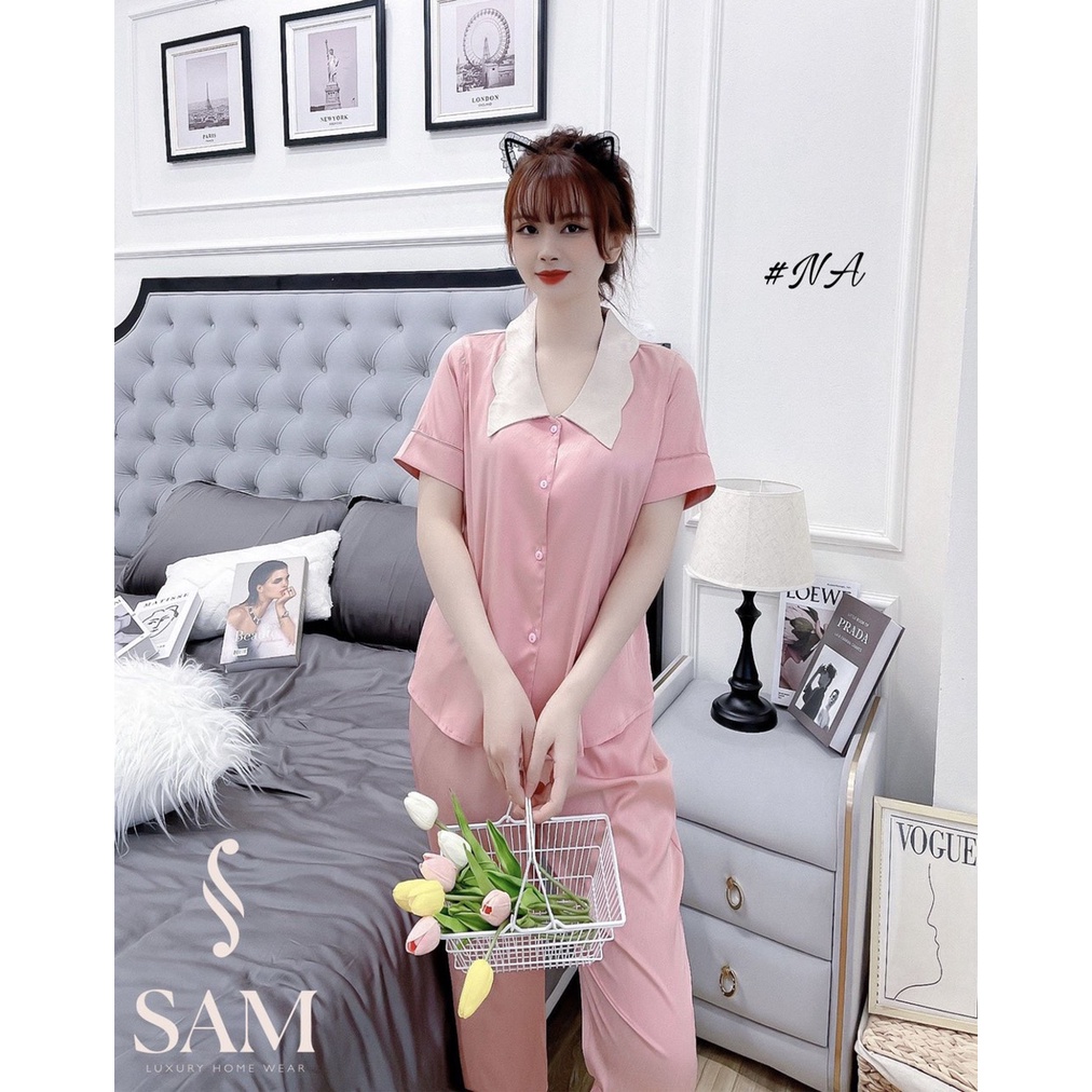 Bộ đồ Pijama mặc nhà hãng SAM cao cấp. SET đồ ngủ bizama chẩt vải lụa mềm mịn kiểu trơn đơn giản, cổ sen phối sóng