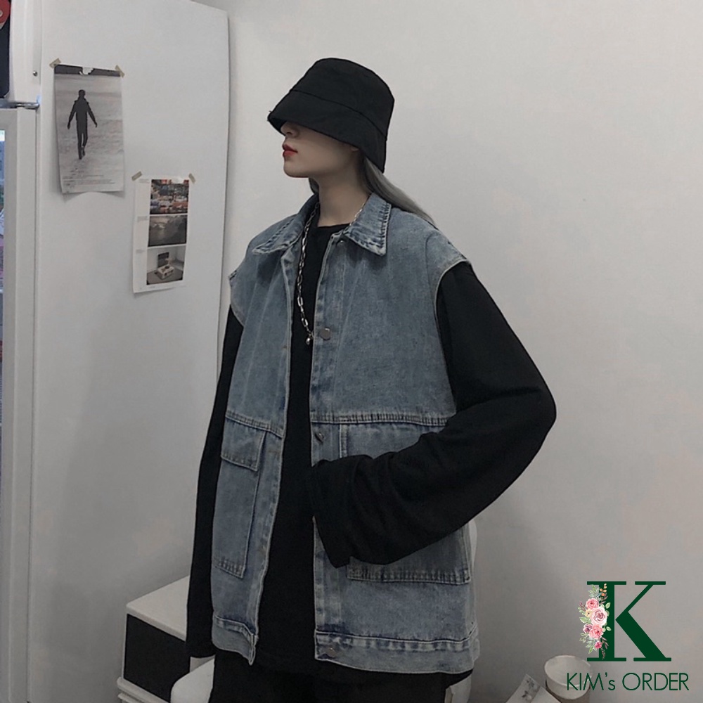 Áo Gile Bò Nam Nữ Phong Cách Cá Tính Áo Khoác Jeans Dáng Rộng Ulzzang Unisex Hàn Quốc Màu Xanh Màu Đen Đủ Size