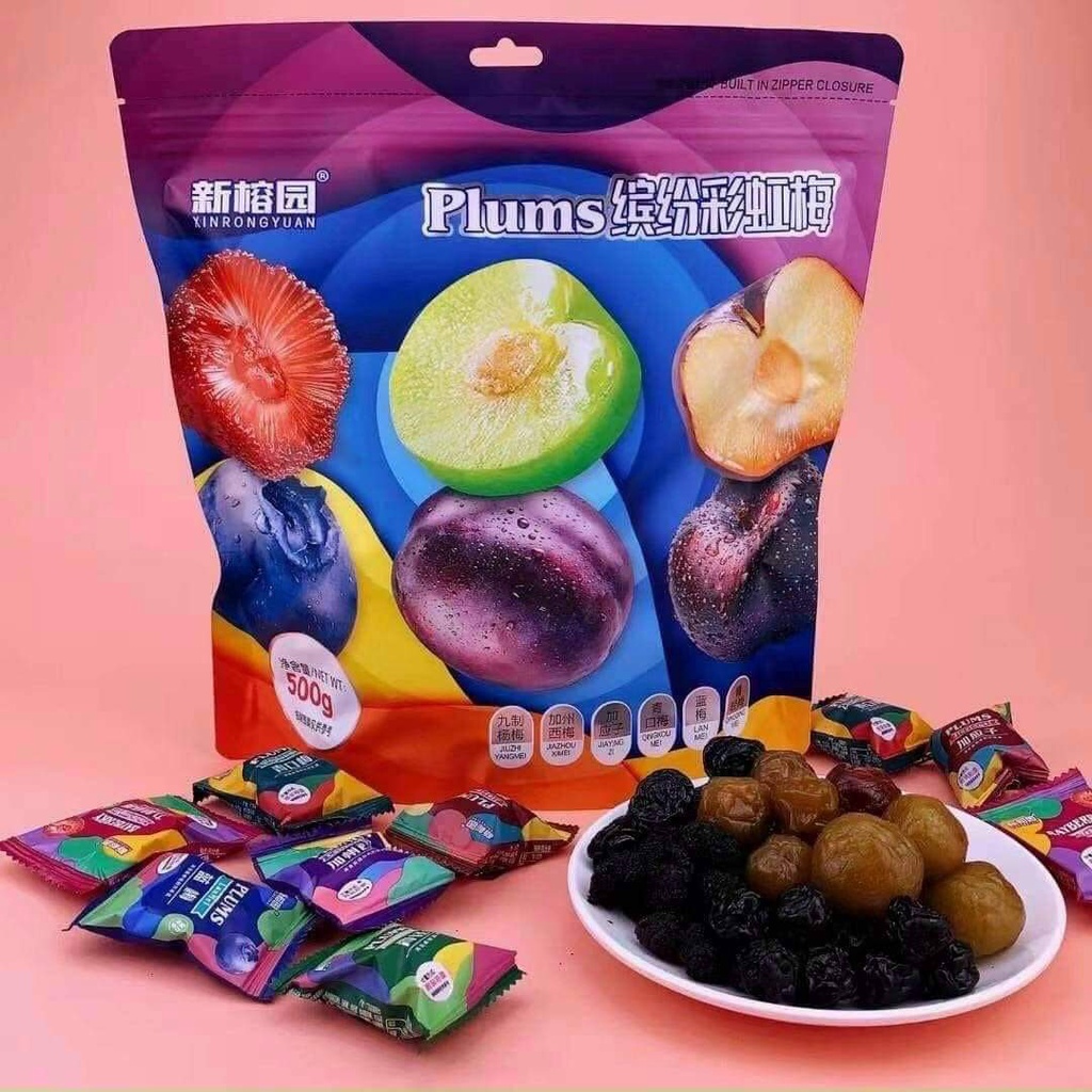 Ô mai mix 6 vị thanh mai/cherry/việt quất/táo xanh/mận tím/táo đỏ XinRongYuan Hongkong gói lớn 500gam