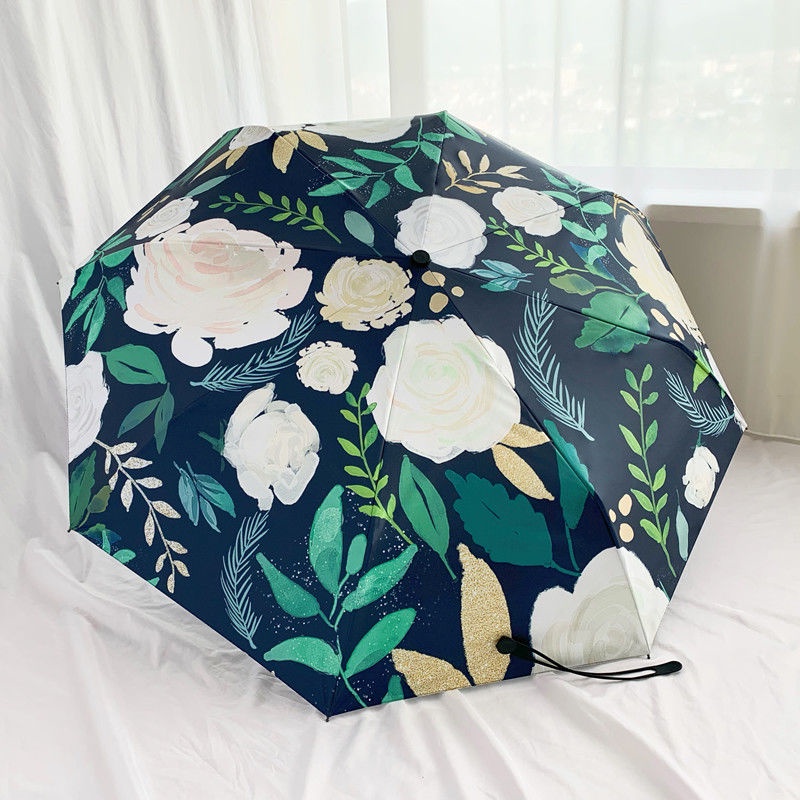 Dù Xếp Tự Động Mini Chống Nắng Tia UV Màu Đen Họa Tiết Hoa Hồng Xinh Xắn Sự Bảo Vệ